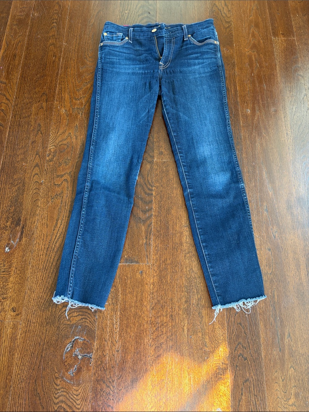 7 For All Mankind Dark Blue Cropped Straight Jeans with Frayed Hem